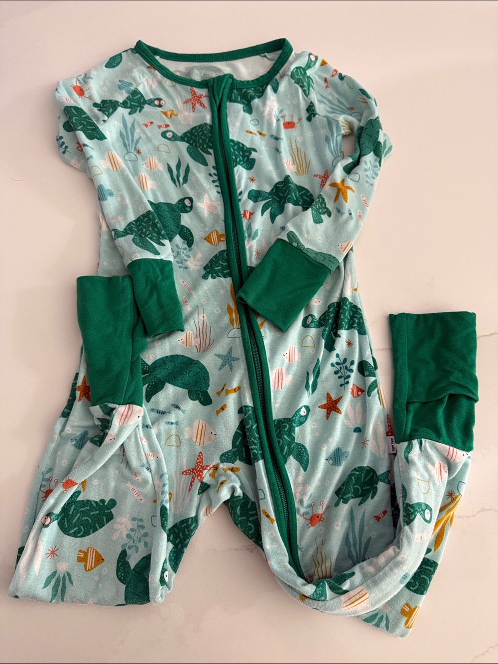 Little Sleepies Sea Turtle Print Green-Trim Footed One-Piece